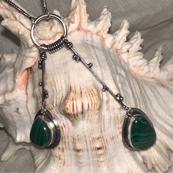Modern Malachite Solar dangle multi-gem handmade statement Necklace - Picture 2 of 10